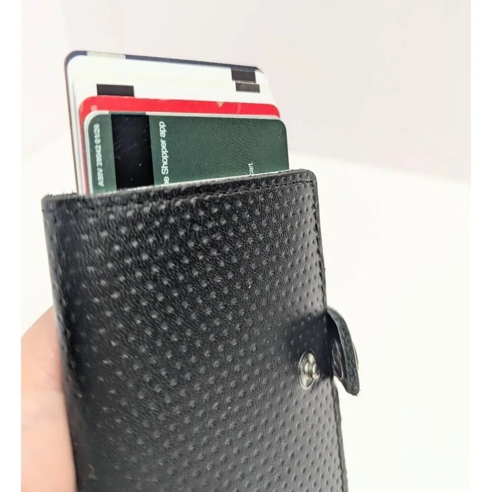 Vertue black & silver popup card button wallet with leather outer case